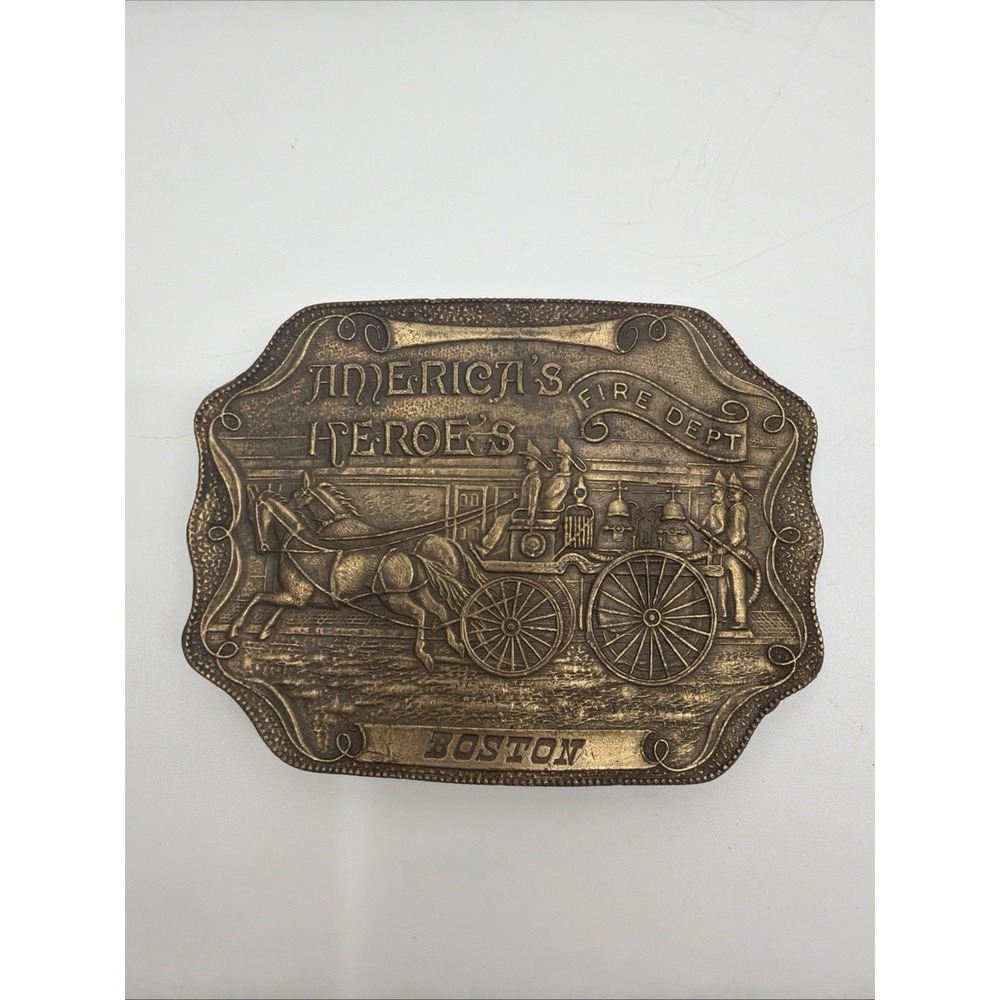 Vintage Brass Belt Buckle American Heroes Fire Department Boston